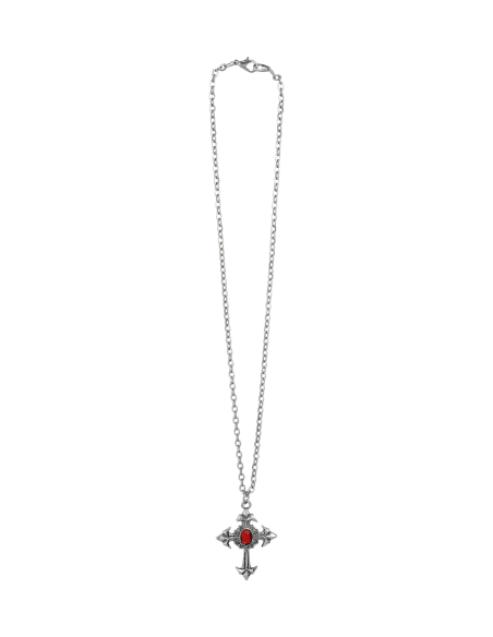 Collier gothique croix argentée avec pierre rouge – Accessoire Halloween & cosplay mystique