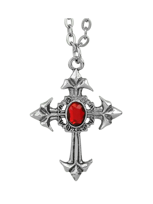 Collier gothique croix argentée avec pierre rouge – Accessoire Halloween & cosplay mystique