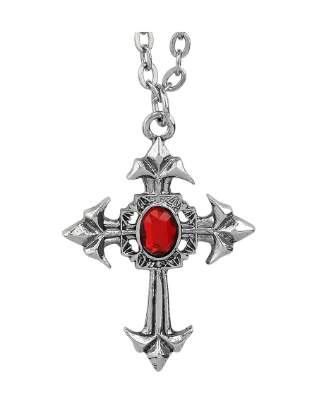 Collier gothique croix argentée avec pierre rouge – Accessoire Halloween & cosplay mystique
