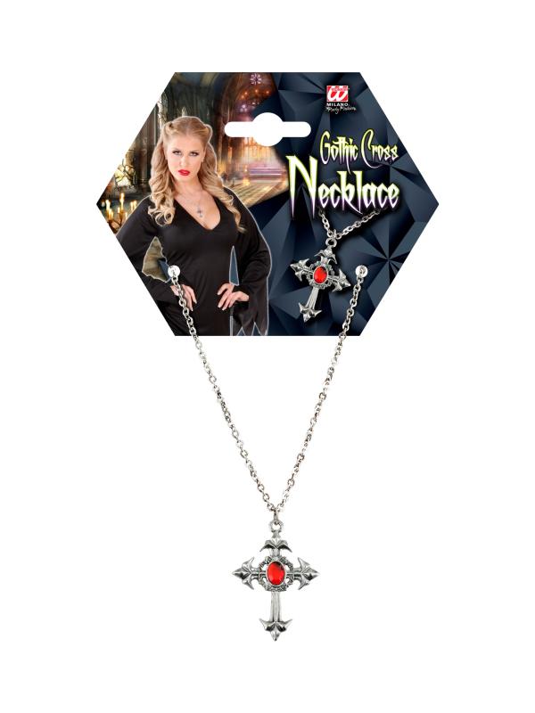Collier gothique croix argentée avec pierre rouge – Accessoire Halloween & cosplay mystique