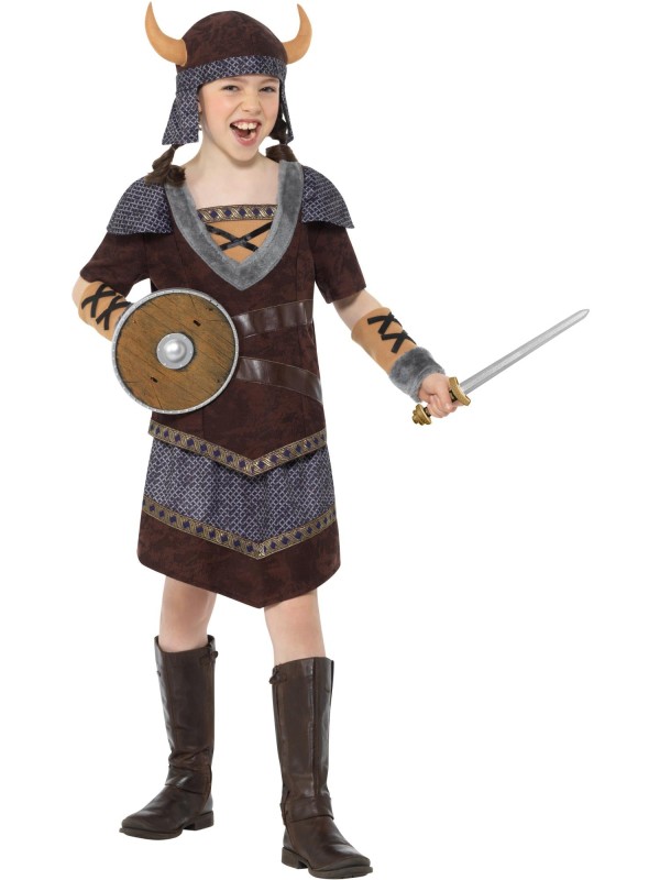 Déguisement de viking pour fille marron 7-9 ans – Haut, jupe, chapeau à cornes et manchettes