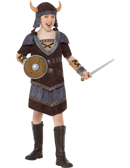 Déguisement de viking pour fille marron 7-9 ans – Haut, jupe, chapeau à cornes et manchettes