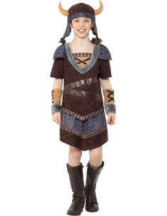 Déguisement de viking pour fille marron 7-9 ans – Haut, jupe, chapeau à cornes et manchettes