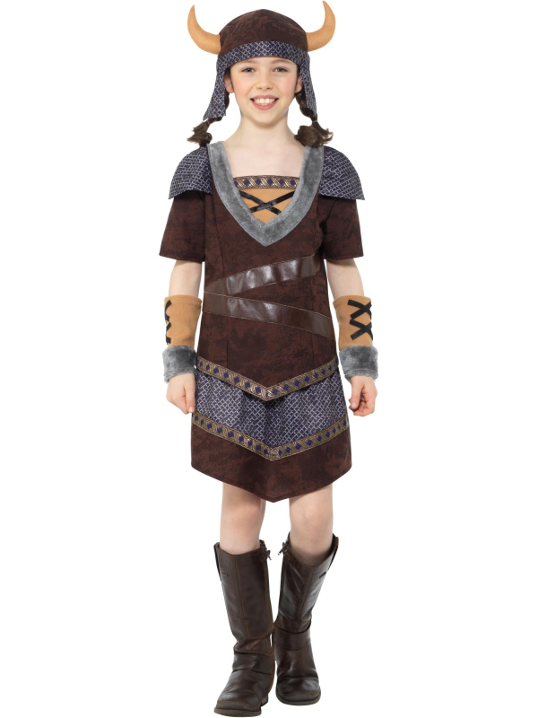 Déguisement de viking pour fille marron 7-9 ans – Haut, jupe, chapeau à cornes et manchettes