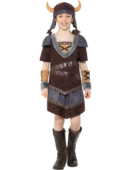 Déguisement de viking pour fille marron 7-9 ans – Haut, jupe, chapeau à cornes et manchettes