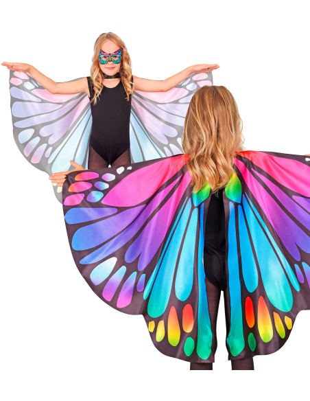 Majestueuses ailes papillon multicolores et masque pour enfant – Accessoire déguisement en tissu 100x70 cm