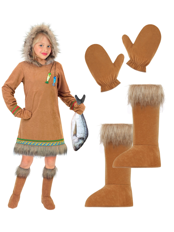 Déguisement Inuit Fille « Esquimau » – Robe à Capuche, Gants et Couvre-Bottes | Tailles 4 à 13 ans