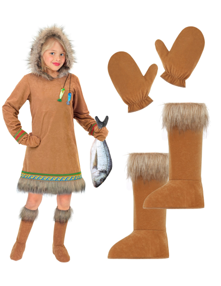 Déguisement Inuit Fille « Esquimau » – Robe à Capuche, Gants et Couvre-Bottes | Tailles 4 à 13 ans