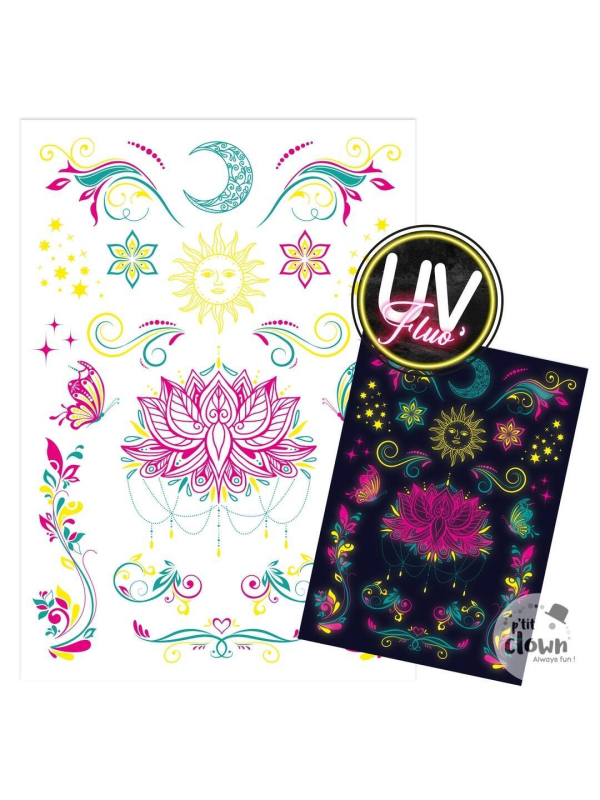 Tatouages éphémères UV fluo – Lotus & motifs féeriques phosphorescents