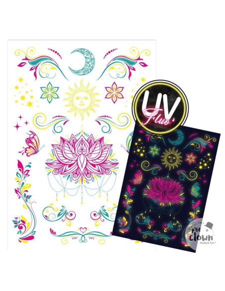 Tatouages éphémères UV fluo – Lotus & motifs féeriques phosphorescents