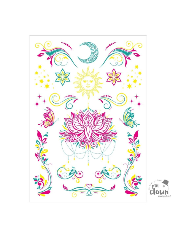 Tatouages éphémères UV fluo – Lotus & motifs féeriques phosphorescents