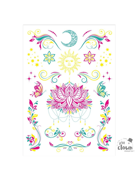 Tatouages éphémères UV fluo – Lotus & motifs féeriques phosphorescents