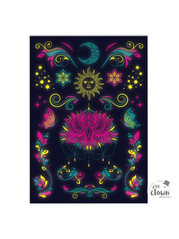 Tatouages éphémères UV fluo – Lotus & motifs féeriques phosphorescents