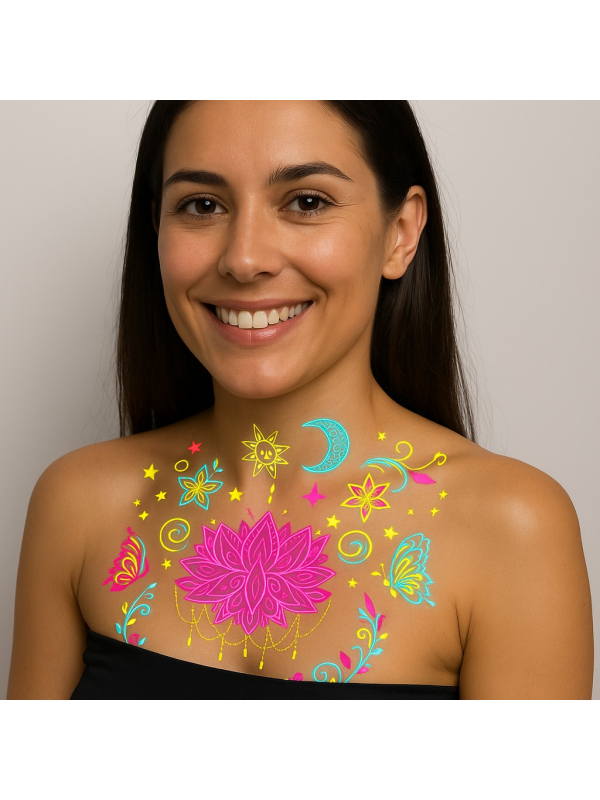 Tatouages éphémères UV fluo – Lotus & motifs féeriques phosphorescents