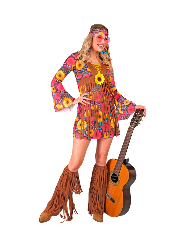Déguisement Hippie Femme Années 60 – Robe à Fleurs, Bandeau et Couvre-bottes