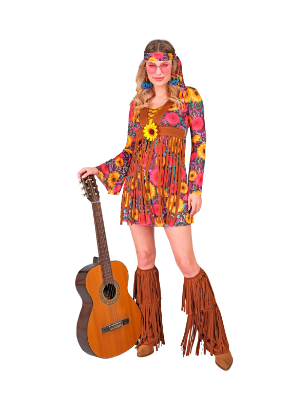 Déguisement Hippie Femme Années 60 – Robe à Fleurs, Bandeau et Couvre-bottes