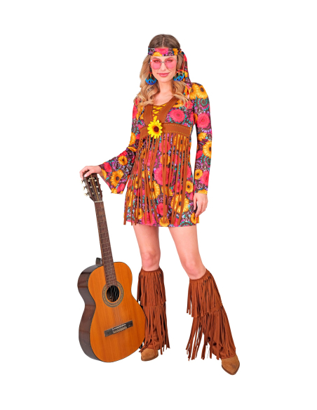 Déguisement Hippie Femme Années 60 – Robe à Fleurs, Bandeau et Couvre-bottes