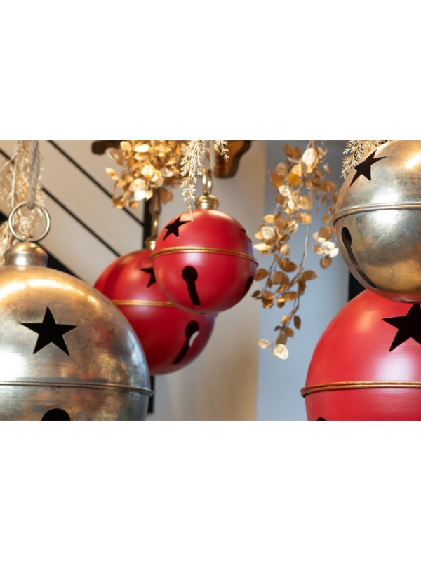 Grelot métal rouge et or Ø20 cm – Décoration suspendue de Noël pour vitrines