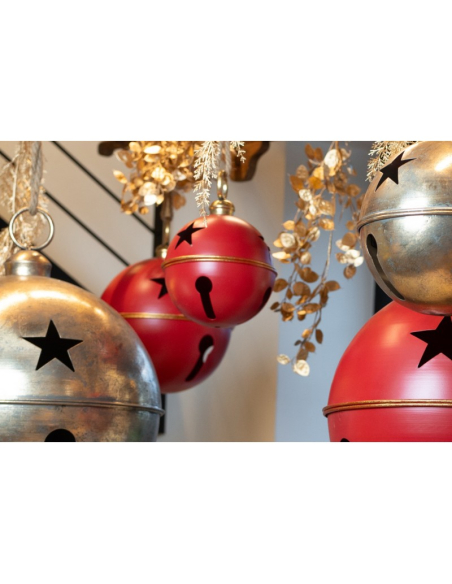 Grelot métal rouge et or Ø20 cm – Décoration suspendue de Noël pour vitrines