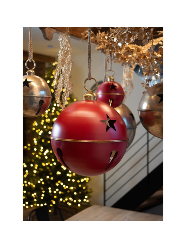 Grelot métal rouge et or Ø20 cm – Décoration suspendue de Noël pour vitrines