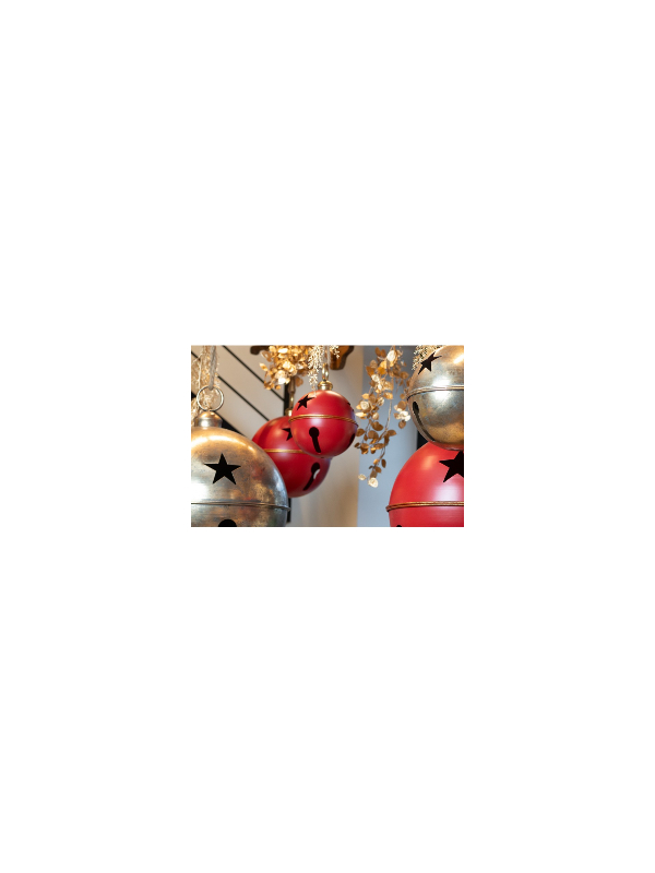Grelot métal rouge et or Ø20 cm – Décoration suspendue de Noël pour vitrines