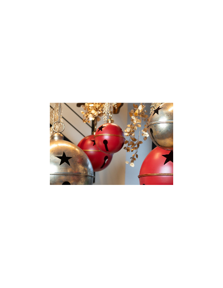 Grelot métal rouge et or Ø20 cm – Décoration suspendue de Noël pour vitrines