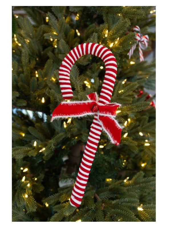 Décoration Noël : Canne en sucre d’orge rouge & blanc avec nœud et grelot 42 cm