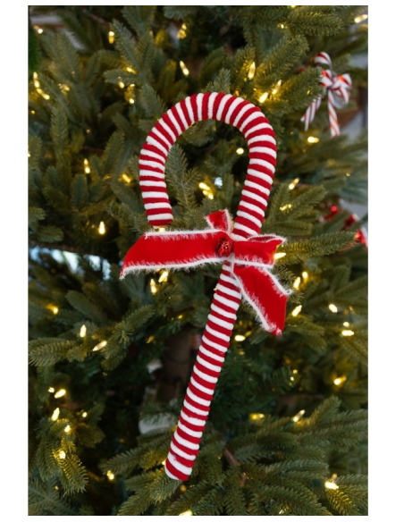 Décoration Noël : Canne en sucre d’orge rouge & blanc avec nœud et grelot 42 cm