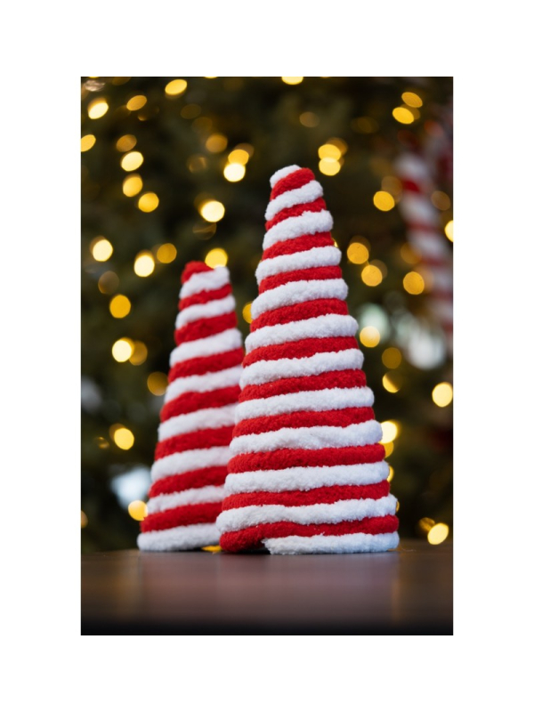 Décoration Noël : Sapin cône fourrure rouge & blanc style bonbon 30 cm