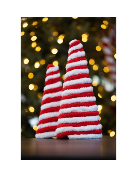Décoration Noël : Sapin cône fourrure rouge & blanc style bonbon 30 cm