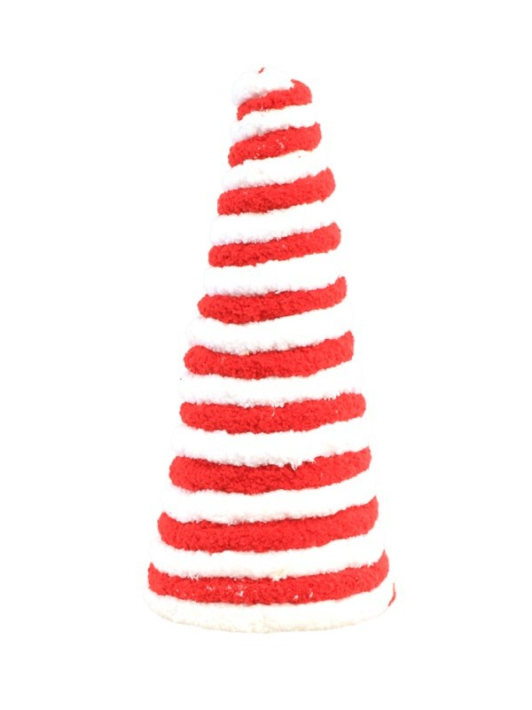 Décoration Noël : Sapin cône fourrure rouge & blanc style bonbon 30 cm