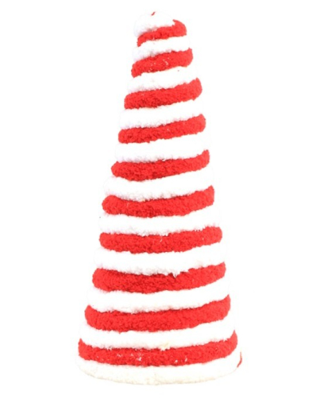 Décoration Noël : Sapin cône fourrure rouge & blanc style bonbon 30 cm