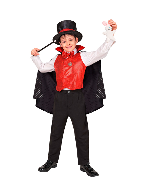 Déguisement magicien enfant – Chapeau lapin, gilet rouge & baguette