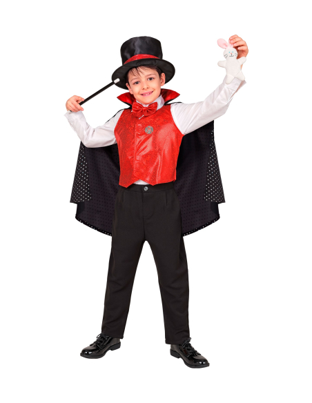 Déguisement magicien enfant – Chapeau lapin, gilet rouge & baguette