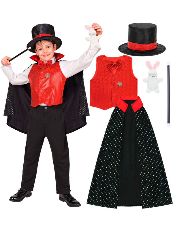 Déguisement magicien enfant – Chapeau lapin, gilet rouge & baguette