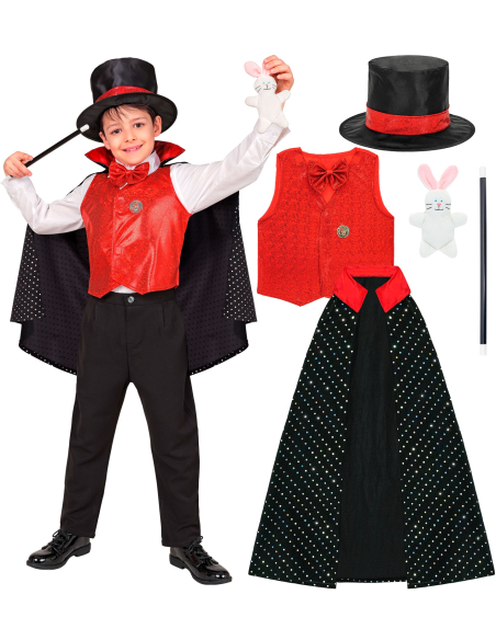 Déguisement magicien enfant – Chapeau lapin, gilet rouge & baguette
