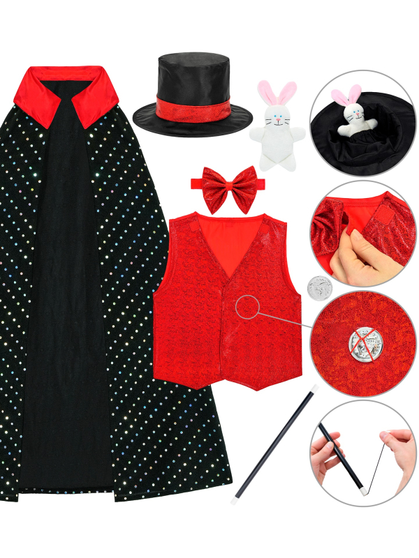 Déguisement magicien enfant – Chapeau lapin, gilet rouge & baguette