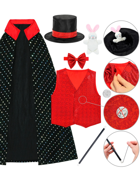 Déguisement magicien enfant – Chapeau lapin, gilet rouge & baguette