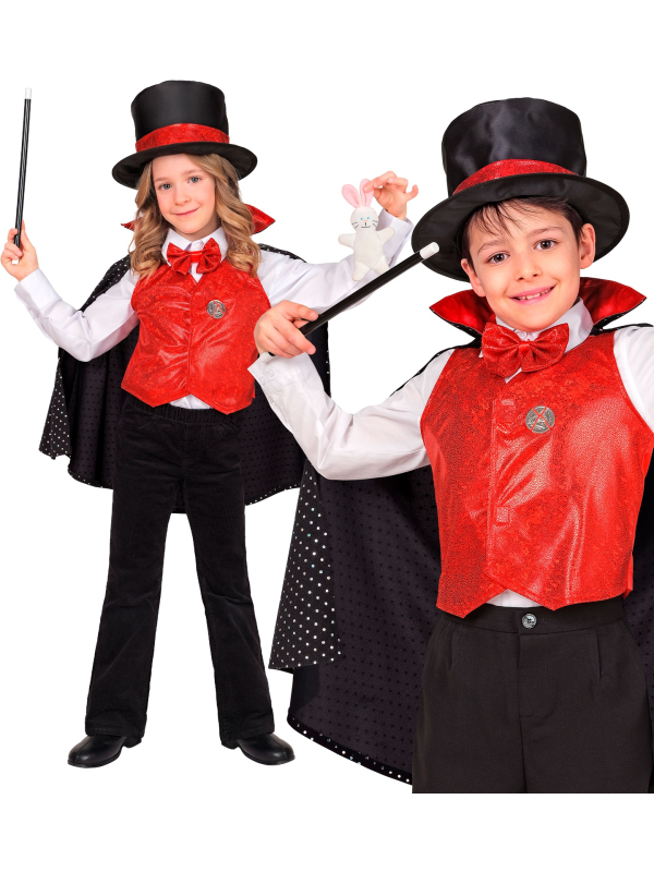 Déguisement magicien enfant – Chapeau lapin, gilet rouge & baguette