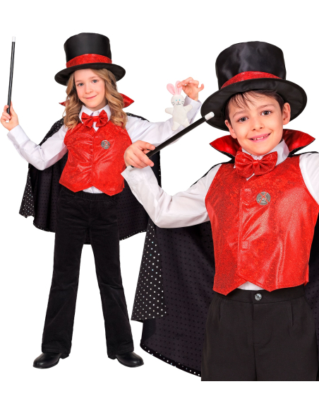 Déguisement magicien enfant – Chapeau lapin, gilet rouge & baguette