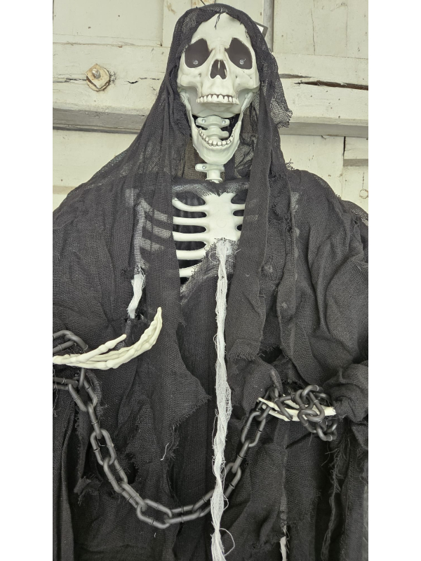 Faucheuse Noire Géante 220 cm – Déco Halloween LED avec Chaînes et Yeux Lumineux