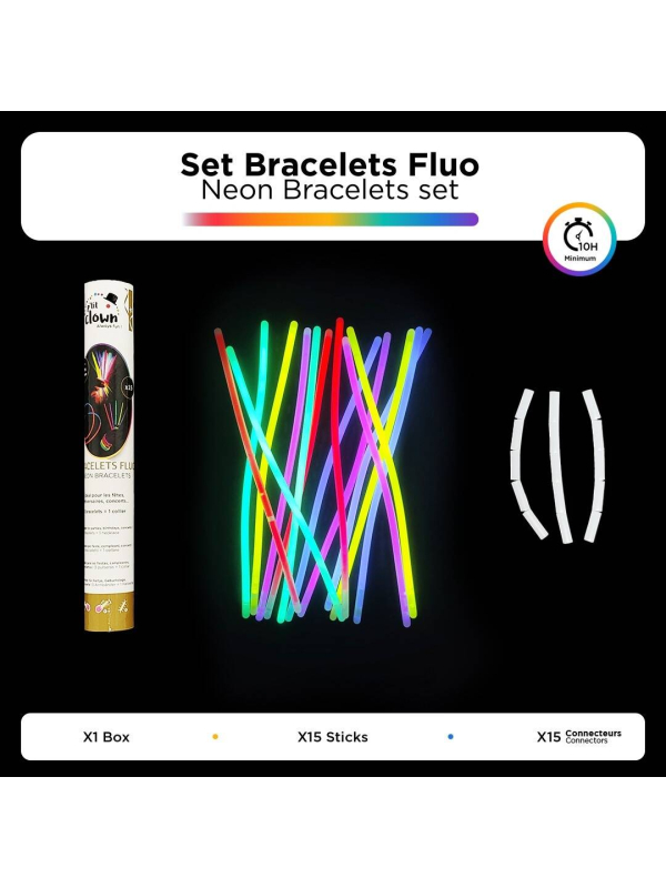 Bracelets lumineux fluo – Set de 15 sticks avec connecteurs
