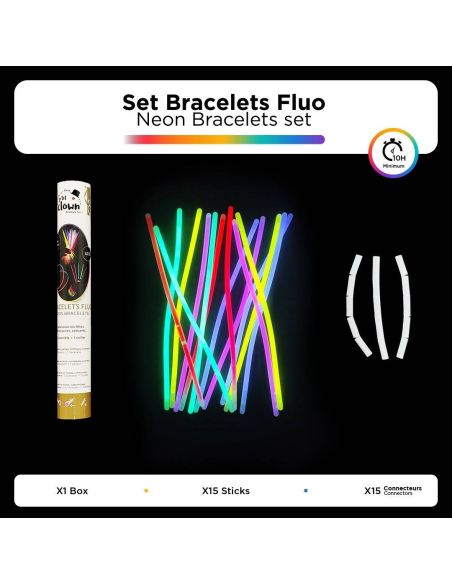 Bracelets lumineux fluo – Set de 15 sticks avec connecteurs