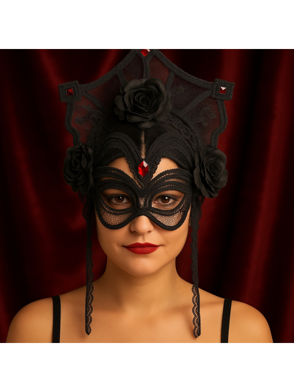 Couronne Masquée Élégance Gothique – Coiffe de Reine Noire avec Roses & Dentelle
