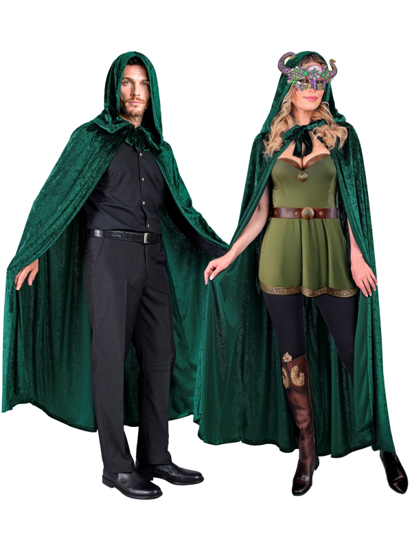 Cape médiévale en velours vert à capuche – Mixte adulte 140 cm