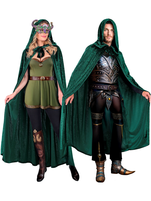 Cape médiévale en velours vert à capuche – Mixte adulte 140 cm