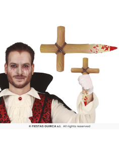 Main gantée tenant une croix-pieu Halloween effet bois avec traces rouges décoratives, de 30 cm de haut. 2
