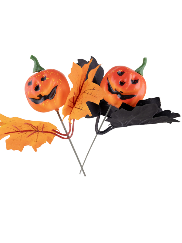 Lot de 2 Piques Citrouille Halloween avec Feuilles – Déco Table ou Plante Automnale 22 cm