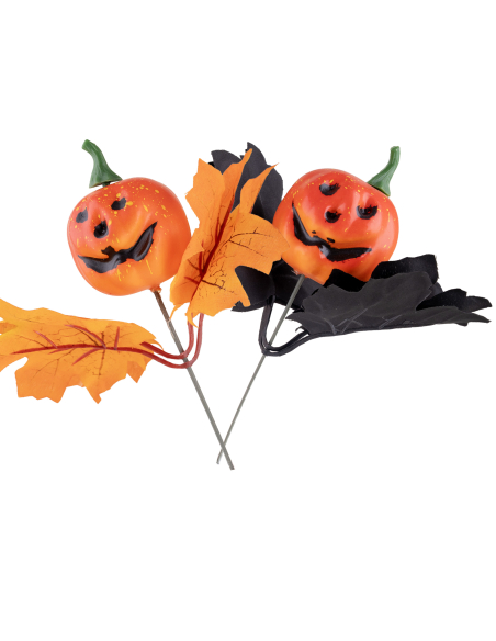 Lot de 2 Piques Citrouille Halloween avec Feuilles – Déco Table ou Plante Automnale 22 cm