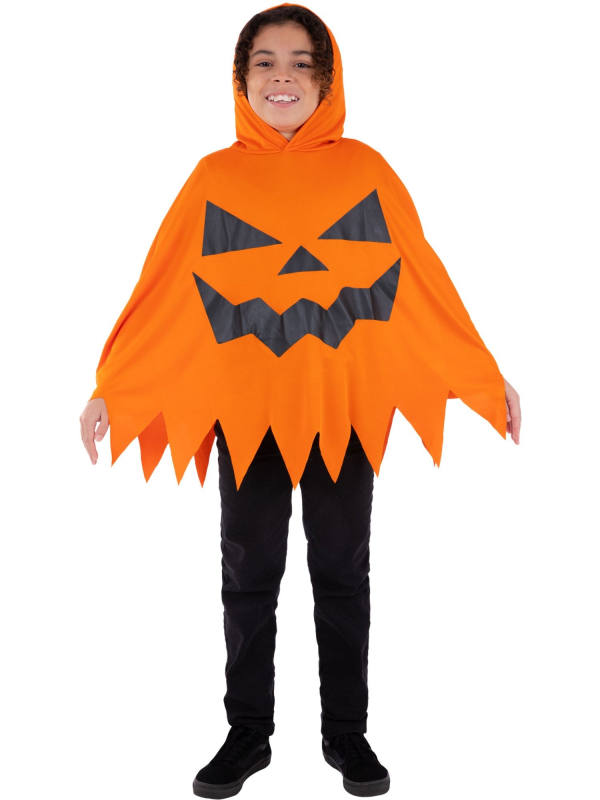 Poncho Citrouille Enfant Halloween – Taille Unique Orange avec Capuche